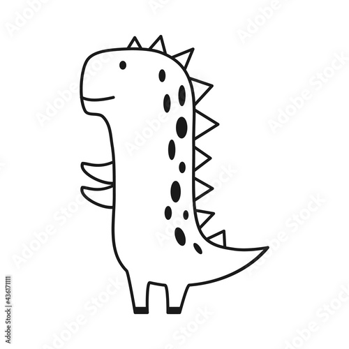Cute dinosaur in outline sketchy style. Funny cartoon dino. Hand drawn vector doodle for kids