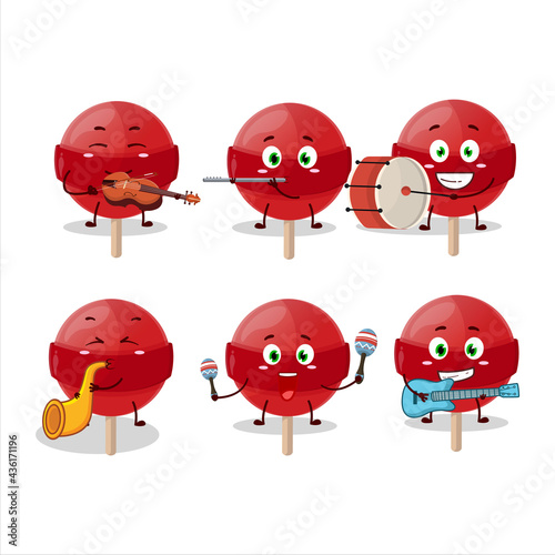 Cartoon character of red lolipop playing some musical instruments
