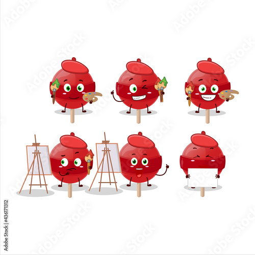 Artistic Artist of red lolipop cartoon character painting with a brush