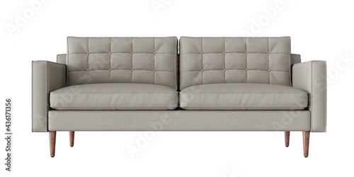 2 seat fabric beige color sofa with wood legs on white background. front view. isolate background.