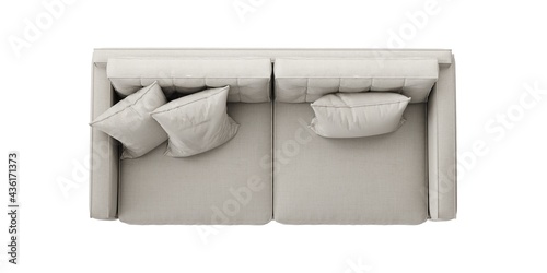 2 seat fabric beige color sofa with wood legs on white background. top view. isolate background. photo
