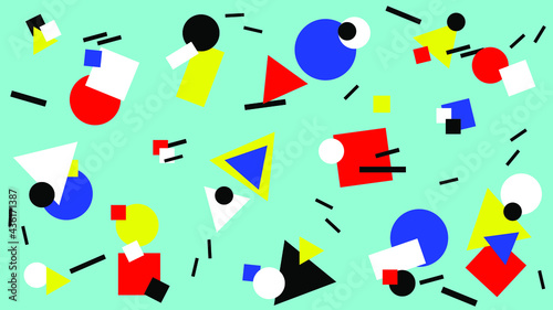 Multicolored and varied geometric shapes fly on a blue background. Abstract dynamic background with geometric shapes.
