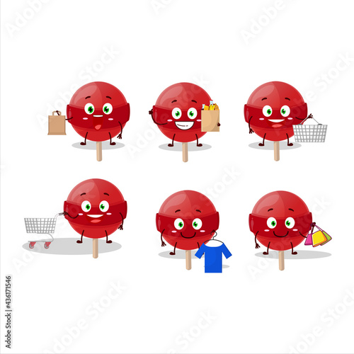 A Rich red lolipop mascot design style going shopping