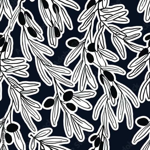 Modern minimalistic seamless pattern. Contemporary background with olives branches shapes on navy blue background. Trendy illustration perfect for prints, fabric, wrapping paper, textile, wallpaper.