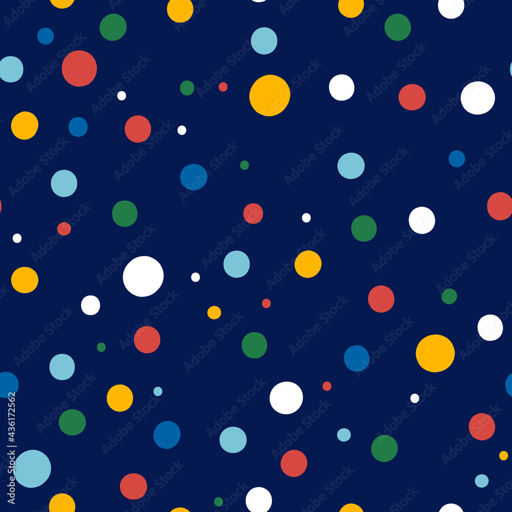 Vector seamless pattern with colorful circles on a dark blue background. Colorful confetti. Festive vector texture. 