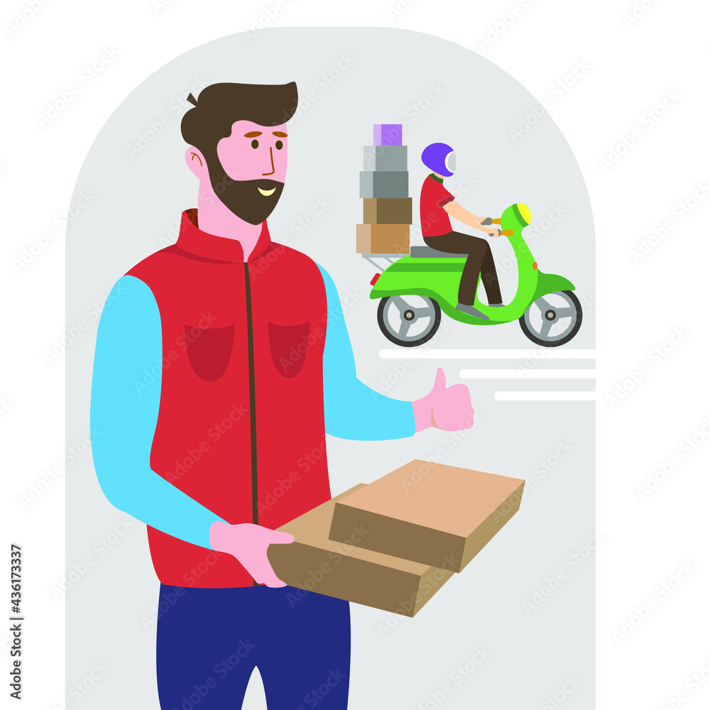 Home delivery service. A person receives a parcel in cardboard boxes from a delivery service courier. Vector.