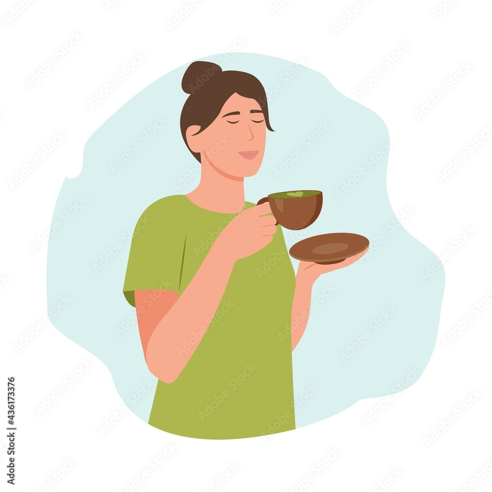 Young  woman drink green matcha tea. Matcha latte healthy drink.  Japanese tea culture. Asian culture. Girl with cup drink healthy herbal beverage. Relaxion, meditation.Cartoon Vector Illustration
