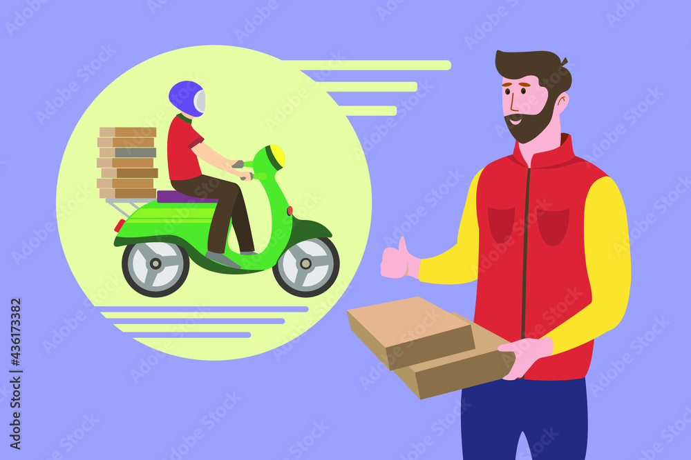 Home delivery service. A person receives a parcel in cardboard boxes from a delivery service courier. Vector.