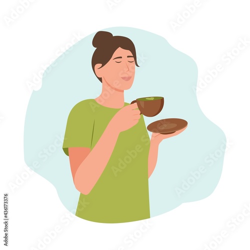 Young  woman drink green matcha tea. Matcha latte healthy drink.  Japanese tea culture. Asian culture. Girl with cup drink healthy herbal beverage. Relaxion  meditation.Cartoon Vector Illustration