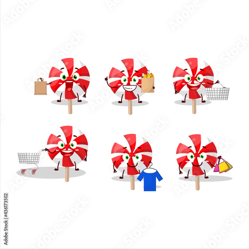 A Rich red white peppermint lolipop mascot design style going shopping
