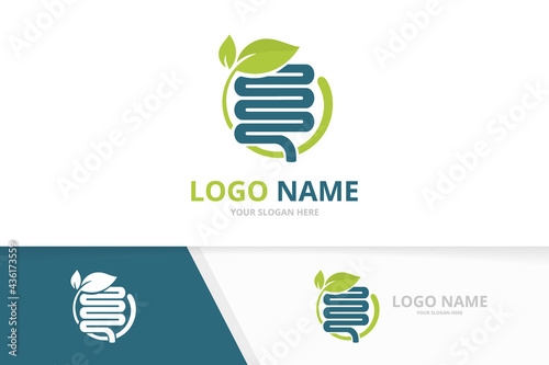 Vector intestine and leaves logo. Unique digestion logotype design template.