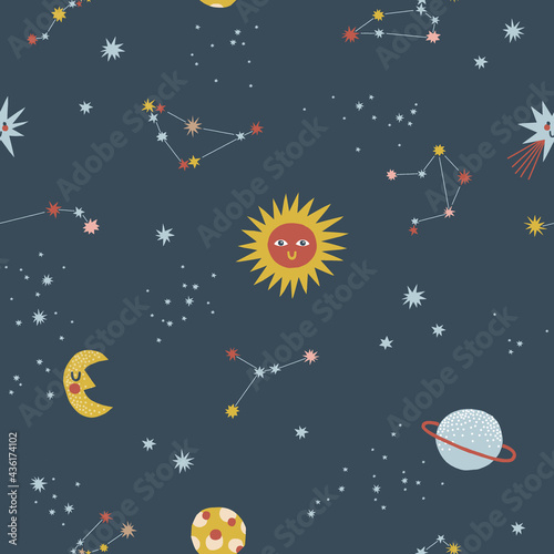 In outer space seamless vector pattern. Night sky with star crescent comet planet constellation Milky Way background. Cosmic celestial bodies graphic print design for kid fabric
