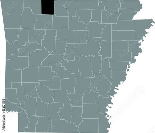 Black highlighted location map of the US Boone county inside gray map of the Federal State of Arkansas, USA