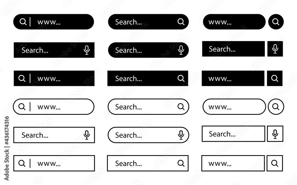 Set of search button, UI elements. Vector template for browsers with search bar and text field. Modern menu for sites and apps. Set of search button, UI elements. Vector template for browsers with search bar and text field. Modern menu for sites and apps.