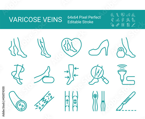Set of line icons of varicose veins, phlebology. Editable vector stroke. 64x64 Pixel Perfect.
