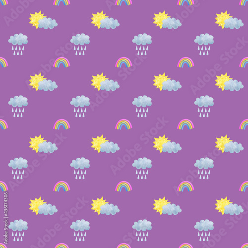 Watercolor clouds, sun, raindrops, rainbow on a purple background. Kids bedding seamless pattern. Cute colorful design for fabric and wrapping paper. Summer weather forecast print