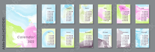 2022 calendar template. Set of 12 months pages. Monthly calendar 2022. Week starts on Monday. Abstract vector illustration. Vertical A4 (A6 and A3) paper size format.