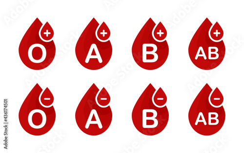 Blood group vector illustration. Drops of red blood icon set. Blood test. Healthcare, medical concept.