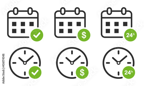 Flat design calendar and clock icon set. Calendar and clock with green check mark, dollar, 24 hour line symbol. Vector Illustration.