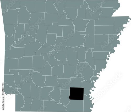 Black highlighted location map of the US Drew county inside gray map of the Federal State of Arkansas, USA