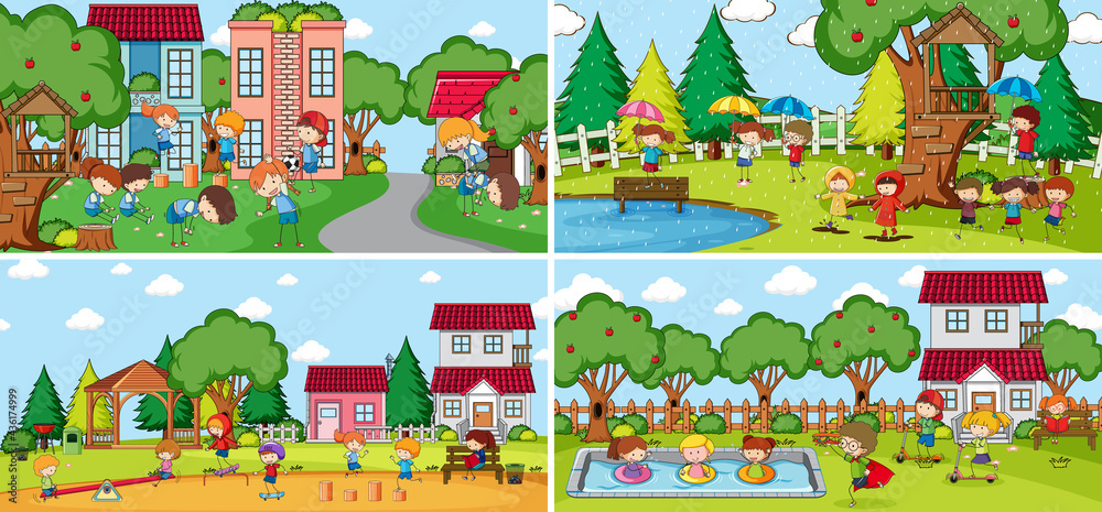 Outdoor scene set with many kids doodle cartoon character Outdoor scene set with many kids doodle cartoon character