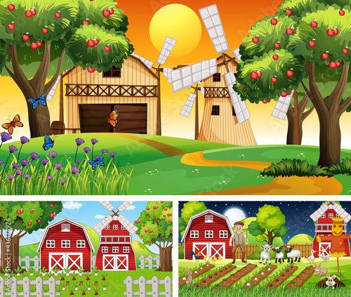 Different farm scenes with farm animals cartoon character