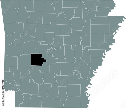 Black highlighted location map of the US Garland county inside gray map of the Federal State of Arkansas, USA