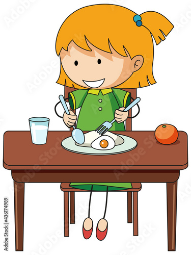 A girl having breakfast doodle cartoon character isolated