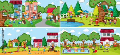 Outdoor scene set with many kids doodle cartoon character