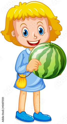 A girl holding watermelon fruit cartoon character isolated on white background
