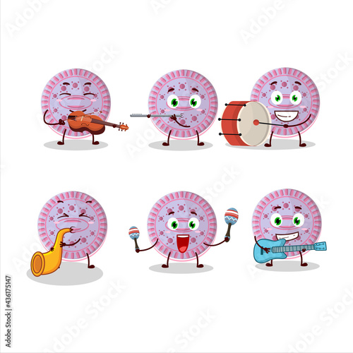 Cartoon character of strawberry biscuit playing some musical instruments