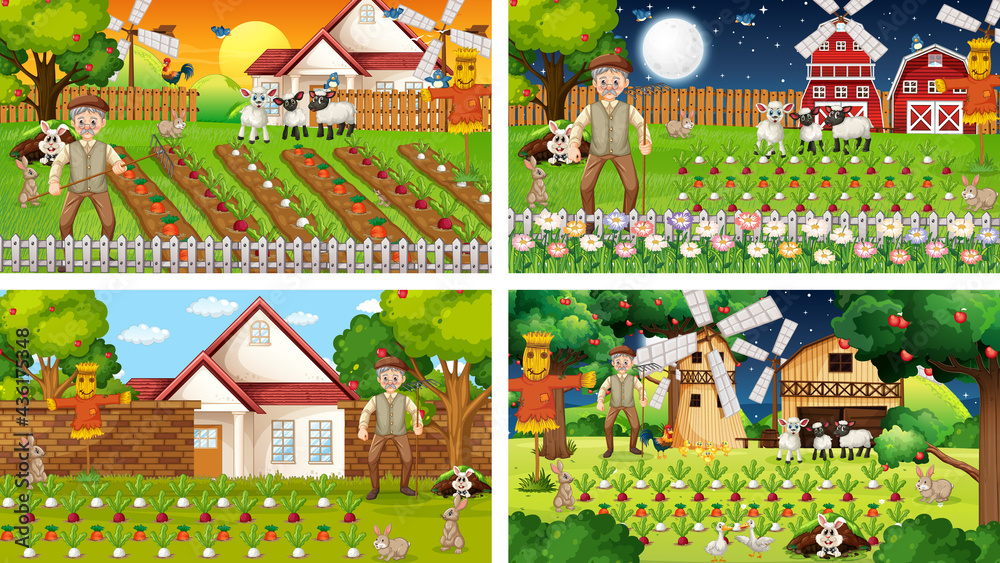 Different farm scenes with old farmer and animal cartoon character
