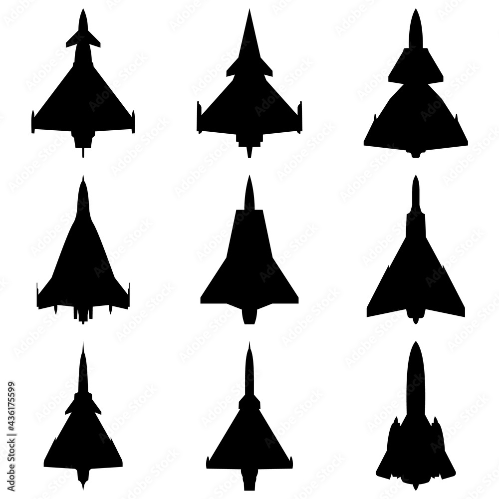 Jet Fighter Airplane Delta Wings Silhouette Icon Set Black Color Jet Fighter Airplane Delta Wings Silhouette Icon Set Black Color