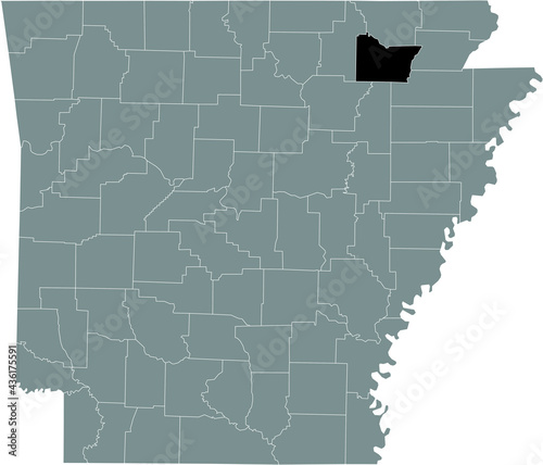 Black highlighted location map of the US Lawrence county inside gray map of the Federal State of Arkansas, USA