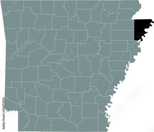 Black highlighted location map of the US Mississippi county inside gray map of the Federal State of Arkansas, USA