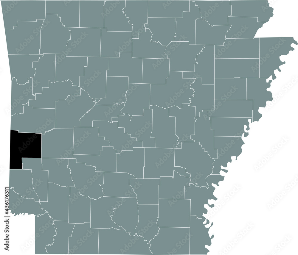 Black highlighted location map of the US Polk county inside gray map of the Federal State of Arkansas, USA