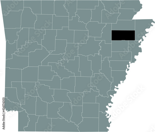 Black highlighted location map of the US Poinsett county inside gray map of the Federal State of Arkansas, USA