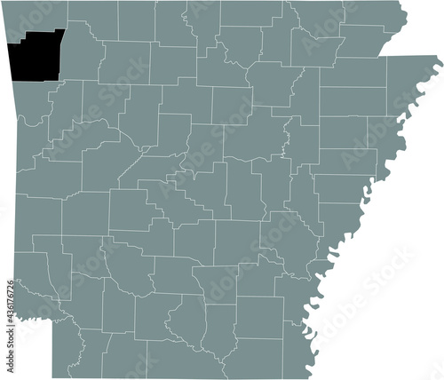Black highlighted location map of the US Washington county inside gray map of the Federal State of Arkansas, USA