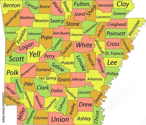 Pastel vector map of the Federal State of Arkansas, USA with black borders and names of its counties
