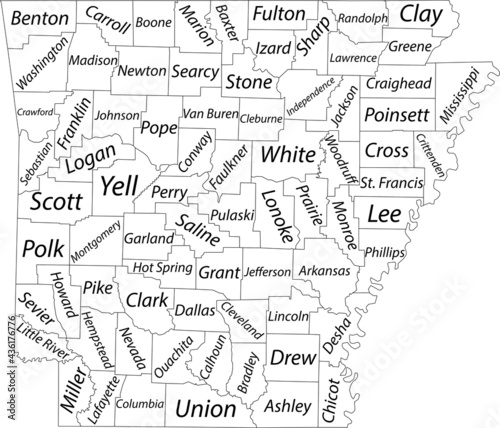 White blank vector map of the Federal State of Arkansas, USA with black borders and names of its counties
