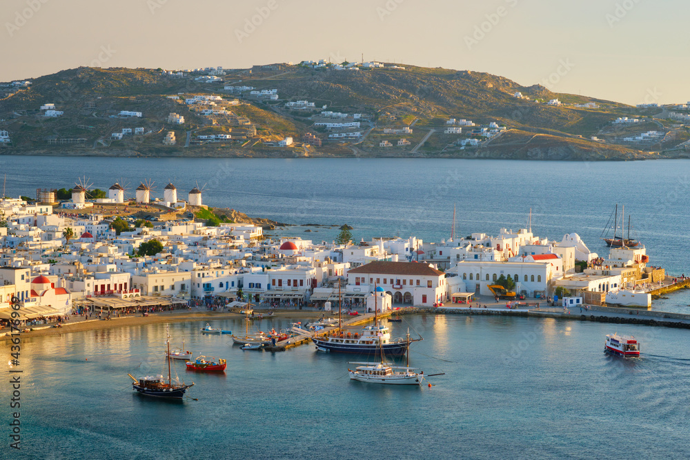 Mykonos island port with boats, Cyclades islands, Greece