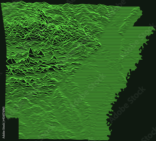 Topographic military radar tactical map of the Federal State of Arkansas, USA with emerald green contour lines on dark green background