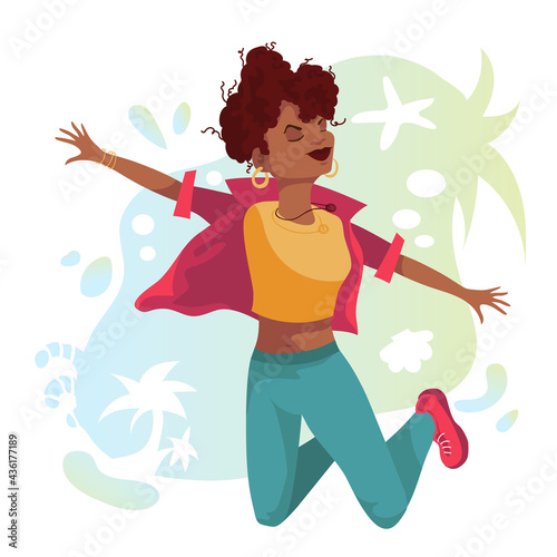 Beautiful black girl jumping vector cartoon illustration. Summer time background in blue green colors