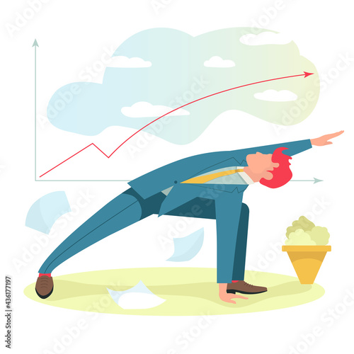 Businessman in suit doing yoga with graph of financial growth on background. Vector flat illustration 
