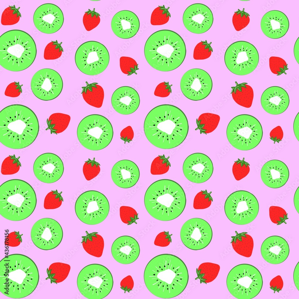 Slices of kiwi and strawberries on a colored background. Seamless pattern .Designs for paper, fabric and other objects. 