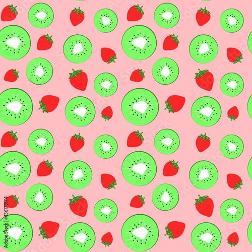 Slices of kiwi and strawberries on a colored background. Seamless pattern .Designs for paper  fabric and other objects. 