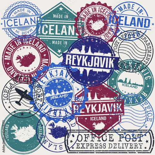 Reykjavik Iceland Set of Stamps. Travel Stamp. Made In Product. Design Seals Old Style Insignia.