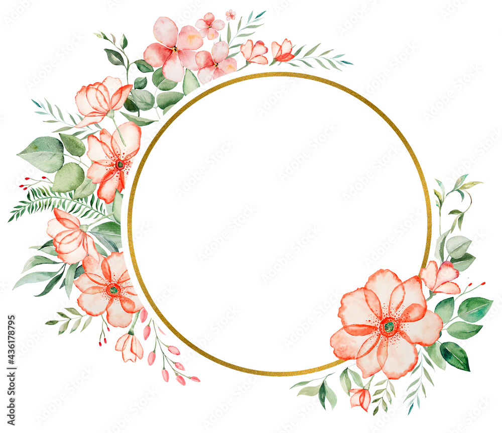 Watercolor pink flowers and green leaves frame illustration