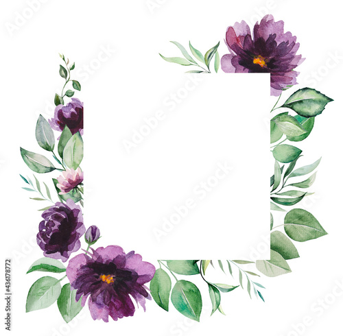 Watercolor purple flowers and green leaves frame illustration