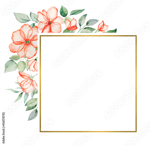 Watercolor pink flowers and green leaves frame illustration